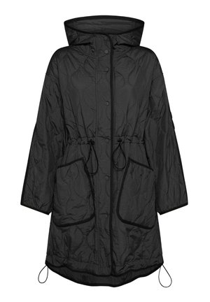 Zwarte gewatteerde jas met capuchon, taille met trekkoord en twee voorzakken. Heeft een gestructureerde stof en contrasterende afwerking.