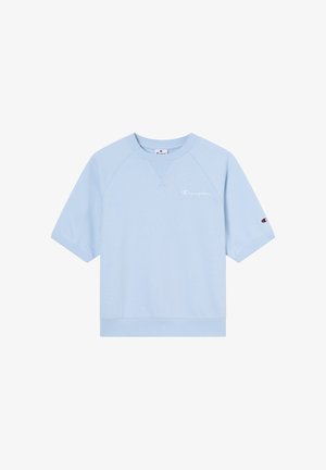 Lichtblauwe sweatshirt met korte mouwen en het Champion-logo geborduurd op de borst en mouw, met geribbelde zoom en halslijn.