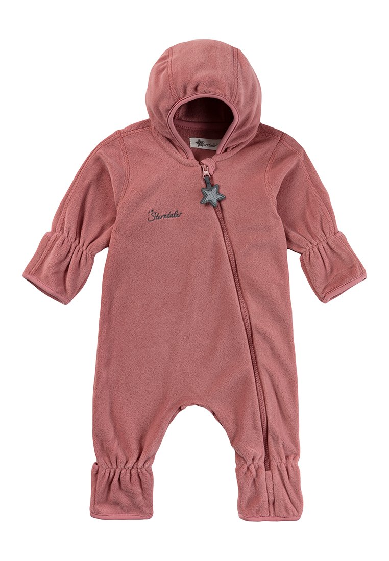 Rosa Fleece-Overall mit Reißverschluss, Kapuze und elastischen Bündchen. Gesticktes Logo und sternförmiges Beschlagdetail auf der Vorderseite.