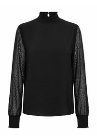 Zwart shirt met lange mouwen, voorzien van een getextureerd lijfje, doorschijnende mouwen met luipaardprint, een hoge hals en geplooide manchetten.