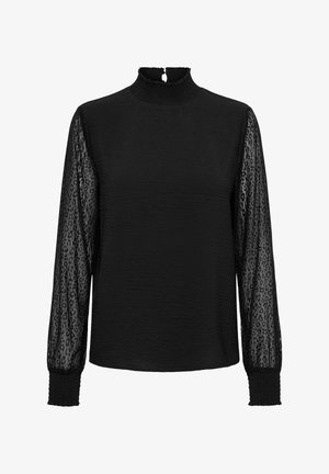 Juoda ilgarankovė palaidinė su tekstūruotu kūnu, permatomomis rankovėmis su leopardo raštu, aukštu kaklu ir surišamomis rankogaliais.