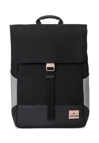 Black backpack with a grey base, featuring a fold-over flap, buckle closure, and a branded patch. Made of durable fabric.