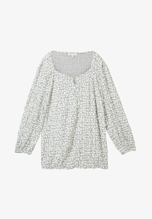 Hellgraue Bluse mit strukturiertem Muster, runder Ausschnitt, Knöpfe an der Vorderseite und langen, puffigen Ärmeln mit elastischen Bündchen.