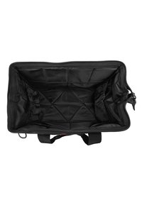 Schwarze rechteckige Duffel-Tasche mit Reißverschluss. Verfügt über ein Innenfutter mit gestepptem Design und elastischen Taschen zur Organisation.