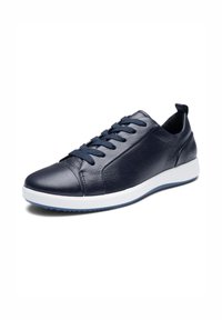 Navy blue leather sneaker with matching laces, cushioned collar, and white rubber sole with textured blue bottom.
