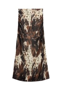 Spódnica midi w brązowy, czarny i kremowy wzór zwierzęcy, z delikatnym marszczeniem po bokach.