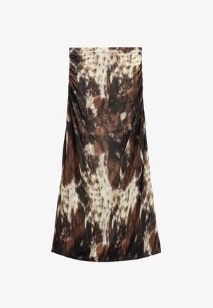 Spódnica midi w brązowy, czarny i kremowy wzór zwierzęcy, z delikatnym marszczeniem po bokach.
