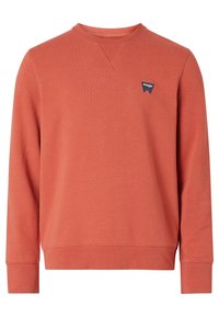 Sweatshirt in roestkleur gemaakt van zachte stof, met een ronde hals, lange mouwen en een klein marineblauw logo op de bovenste linkerborst.