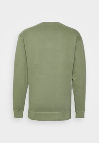 Felpa verde oliva a girocollo, con maniche lunghe, polsini e orlo a coste, vista dal retro su uno sfondo bianco.