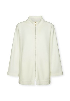 Giacca zip-up color crema con colletto alto, maniche lunghe e orlo dritto su uno sfondo bianco.