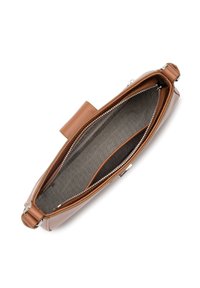Borsa a mano in pelle marrone con chiusura a zip, dotata di fodera interna grigia e numerosi scomparti per l'organizzazione. Texture liscia, design compatto.