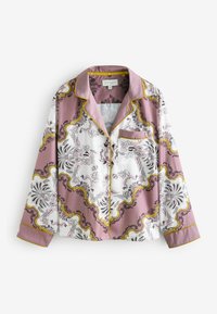 Cămașă de pijama din material mătăsos, cu un model floral roz, alb și negru, cu accente galbene și un buzunar la piept. Mâneci lungi.