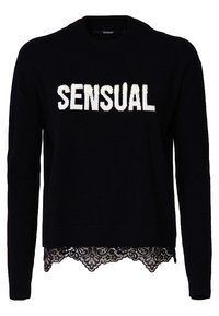 Jersey negro con cuello redondo y mangas largas, con la palabra "SENSUAL" en bordado blanco y un borde de encaje en la parte inferior.