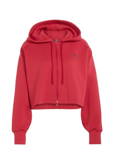 Roter Crop-Hoodie mit langen Ärmeln, einem Frontreißverschluss, Kordelzügen und einem kleinen runden Logo auf der linken Brust.