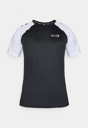 T-shirt sportivo nero con maniche bianche, collo rotondo, maniche corte a raglan e un piccolo logo infinito bianco sul petto. Tessuto morbido.