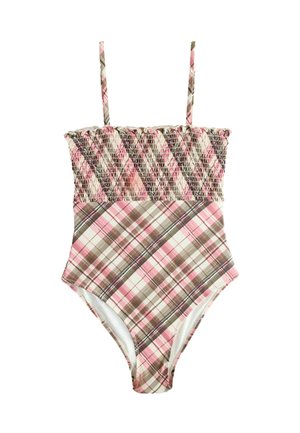 Karierter Einteiler-Badeanzug in Pink, Braun und Creme; verfügt über ein gerafftes Oberteil und dünne Träger; glatte Innenauskleidung.