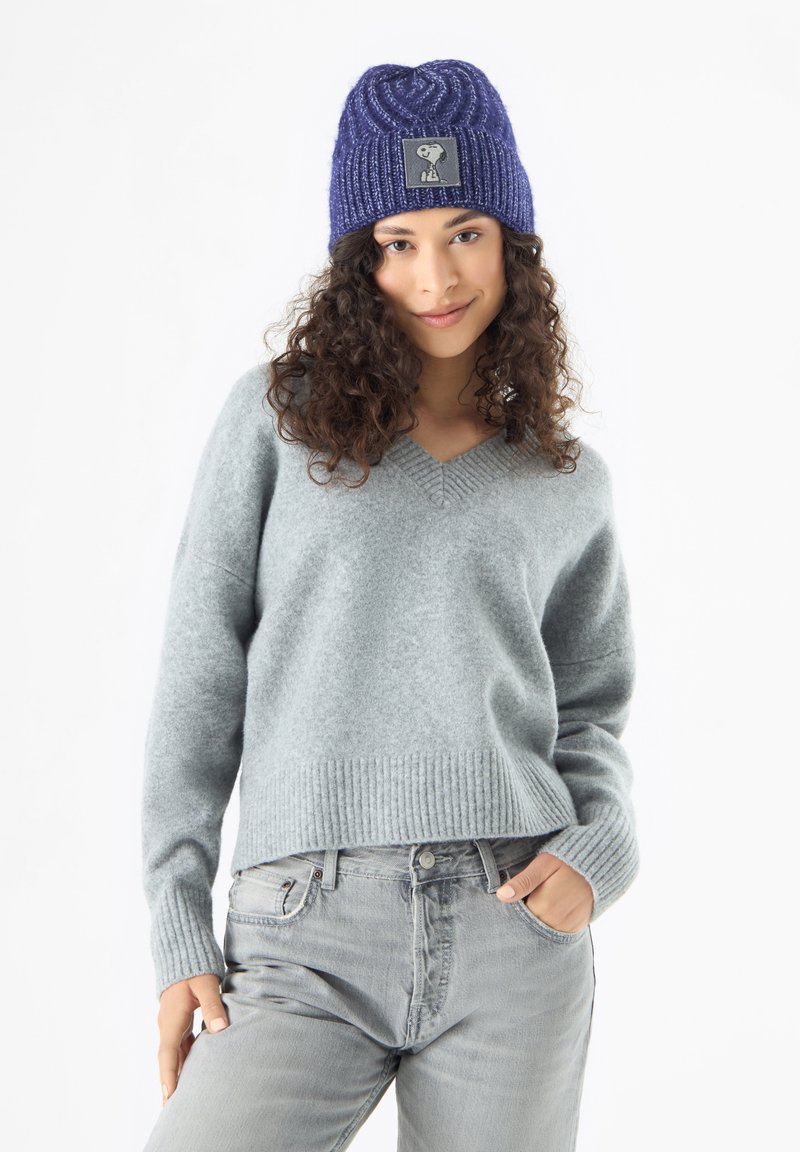 Lichtgrijze gebreide trui met een V-hals en geribde zoom, gecombineerd met lichtgrijze jeans. Het model draagt een gestructureerde donkerblauwe beanie met een hondenpatch.