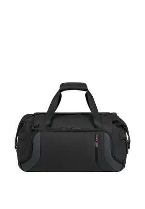 Schwarze, weichseitige Reisetasche mit zwei oberen Griffen, Seitentaschen und einem vorderen Reißverschlussfach.