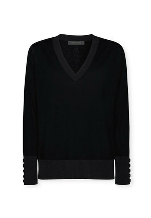 Mustassa V-kotreti paidassa on pitkät hihat. Siinä on kiinteä pinta ja uurteelliset hihansuut, joissa on kuusi nappikoristetta. Valmistettu pehmeästä kankaasta.