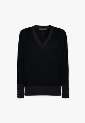 Černý svetr s výstřihem do V a dlouhými rukávy. Má jednolitou texturu a žebrované manžety s šesti knoflíky. Vyrobený z měkké látky.