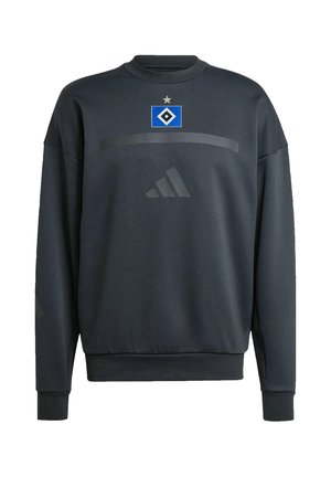 Ciemnoszara bluza z długim rękawem z niebiesko-białym logo w kształcie diamentu i gwiazdą powyżej na klatce piersiowej, plus subtelne logo Adidas poniżej.