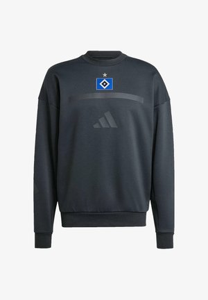 Ciemnoszara bluza z długim rękawem z niebiesko-białym logo w kształcie diamentu i gwiazdą powyżej na klatce piersiowej, plus subtelne logo Adidas poniżej.