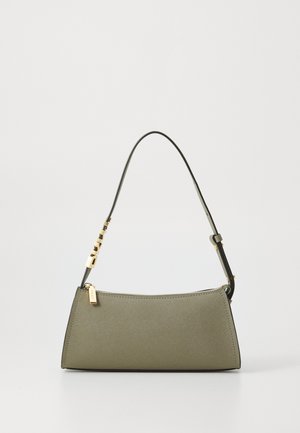 Green textured handbag with a slim, triangular shape, gold hardware accents, and a short strap featuring decorative links. Zippered closure.