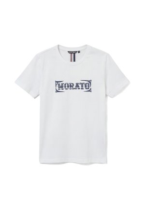 T-shirt bianca a maniche corte con scollo rotondo e scritta blu consumata "MORATO" centrata sul davanti.