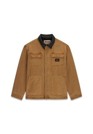 Veste de travail marron pour hommes avec col noir, deux poches poitrine à rabat, deux poches plaquées frontales, et fermeture éclair dissimulée à l'avant.