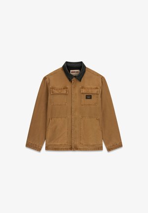 Veste de travail marron pour hommes avec col noir, deux poches poitrine à rabat, deux poches plaquées frontales, et fermeture éclair dissimulée à l'avant.