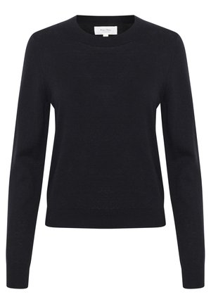 Schwarzer Strickpullover mit langen Ärmeln, Rundhalsausschnitt und gerippten Bündchen. Glatte Textur, schlichtes Design und keine sichtbaren Muster oder Verzierungen.