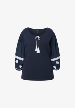 Ulla Popken, TEXTURED EMBROIDERED LONG SLEEVE - Bluse - marine