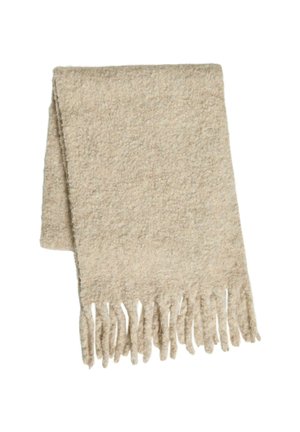 Light beige wool scarf with a soft, textured finish and fringed edges. Designed to be warm and cozy. Measures approximately 60 inches long.