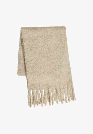 Écharpe en laine beige clair avec une finition douce et texturée et des bords à franges. Conçue pour être chaude et confortable. Mesure environ 60 pouces de long.
