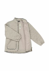 Veste matelassée beige avec couture géométrique, zip frontal, poignets élastiques, bordure à motifs et deux poches avant, montrée ouverte pour révéler la doublure unie.
