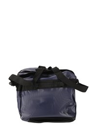 Laivaston sininen vedenpitävä laukku mustilla yksityiskohdilla, jossa on kaksi kantohihnaa, suorakaiteen muotoinen rakenne ja kohokuvioitu kapasiteetti (85L).