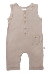 Ärmelloser beiger Overall mit einer durchgehenden Knopfleiste, Holzknöpfen und einer aufgesetzten Tasche. Weiches Baumwollmaterial mit umgeschlagenen Ärmeln.