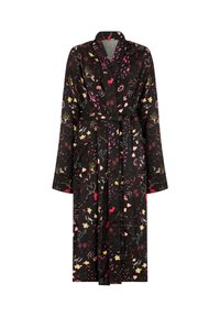 Schwarzer Morgenmantel mit Blumendruck, lange Ärmel, tailliert mit Gürtel, lebhaftes Muster aus rosa-, gelb- und roten Blumen auf dunklem Hintergrund.