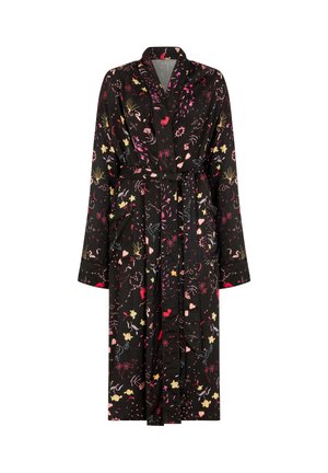 Schwarzer Morgenmantel mit Blumendruck, lange Ärmel, tailliert mit Gürtel, lebhaftes Muster aus rosa-, gelb- und roten Blumen auf dunklem Hintergrund.