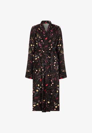 Schwarzer Morgenmantel mit Blumendruck, lange Ärmel, tailliert mit Gürtel, lebhaftes Muster aus rosa-, gelb- und roten Blumen auf dunklem Hintergrund.