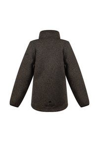 Giacca pullover in materiale knit grigio scuro, con colletto alto e maniche lunghe. La parte posteriore presenta una texture sottile e un dettaglio con logo nella parte inferiore.
