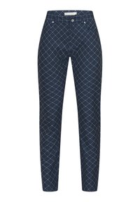 Pantalon bleu marine avec un motif losange, doté de cinq poches, d'une fermeture à bouton sur le devant et d'une coupe droite. Confectionné en tissu mélangé de coton.