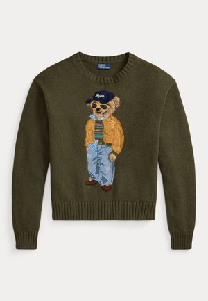 Pull en maille vert olive avec un ours en peluche brodé sur le devant portant des lunettes de soleil, une casquette, une veste orange, une chemise rayée, un jean bleu et des chaussures marron.