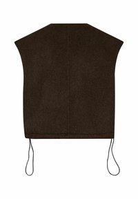 Hnědý filcový oděv s širokým, bezrukávovým designem. Obsahuje stahovací šňůrku na spodním okraji pro nastavitelnou velikost. Hladká textura, minimalistický styl.