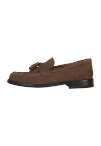 Brown suede loafers with a rounded toe, adorned with a bow detail on the front. Flat black rubber sole, seamless stitching along the edges.