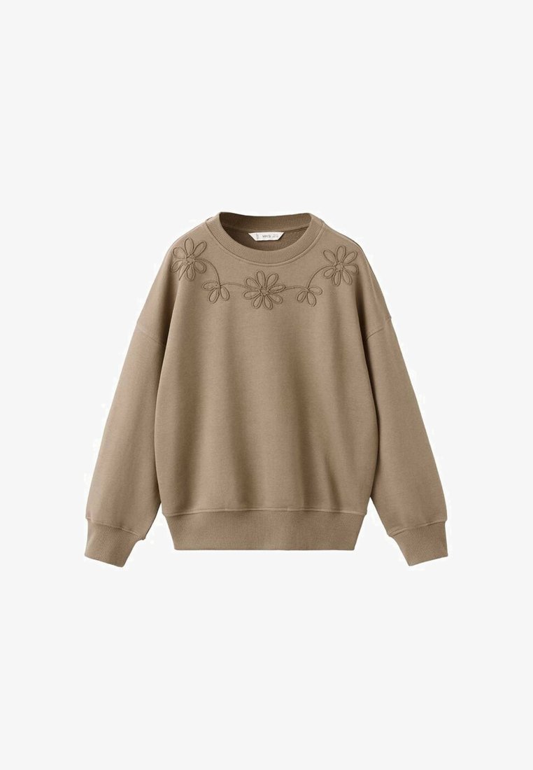 Brun sweatshirt med rund halsudskæring, lange ærmer og broderet blomstermotiv over brystet. Blød tekstur og afslappet pasform.