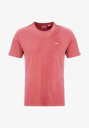 Solides, staubiges rosa Baumwoll-T-Shirt mit kurzen Ärmeln, Rundhalsausschnitt und kleinem gestickten Logo auf der linken Brust.