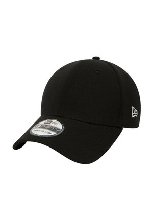 Cappellino da baseball nero a sei pannelli con visiera curva e logo New Era sul lato, etichettato con taglia small-medium sull'adesivo frontale.