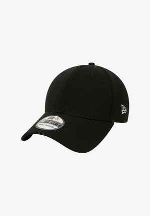 Cappellino da baseball nero a sei pannelli con visiera curva e logo New Era sul lato, etichettato con taglia small-medium sull'adesivo frontale.