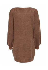Robe-pull en maille marron à manches longues avec col, poignets et ourlet côtelés, vue de dos sur fond blanc.